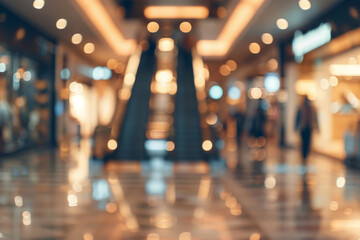 Blurred View of Escalator in Modern Busy Shopping Mall Interior