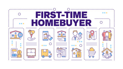First-time homebuyer word concept isolated on white. Home purchase. Real estate. Property investment. Creative illustration banner surrounded by editable line colorful icons. Hubot Sans font used