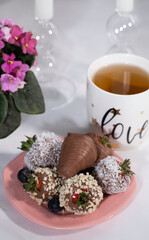 tea and chocolate covered strawberries 