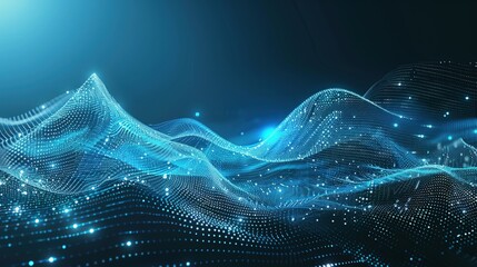 Abstract background with digital mesh and dots on a blue gradient.