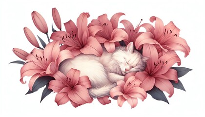 An illustration of sleeping cat and daylily flowers
