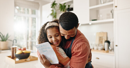 Kitchen, dad and girl with card, bonding and gift of fathers day, love and family in house. Home,...