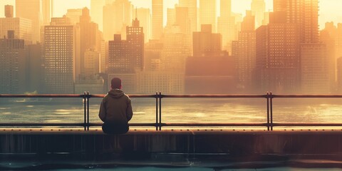 Fototapeta premium This image captures a lone individual seated by the waterfront, looking at a city skyline bathed in warm sunset hues, evoking contemplation and solitude.