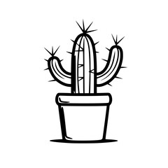 Minimalist Outline of Potted Cactus, Black and white minimalist outline of a cactus plant in a pot, featuring its spines and distinctive shape.