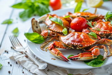 Fresh Cooked Crabs with Tomatoes and Basil on White Plate