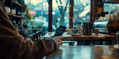 Obraz premium A person comfortably seated in a cozy cafe checks their phone in the morning light, capturing a moment of modern lifestyle, connection, and the ritual of enjoying a quiet moment.