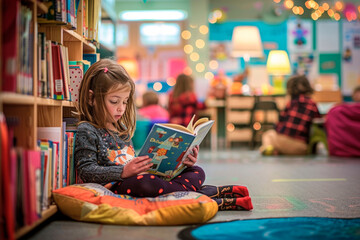 A young student sitting in a cozy corner of the classroom, deeply engrossed in a book