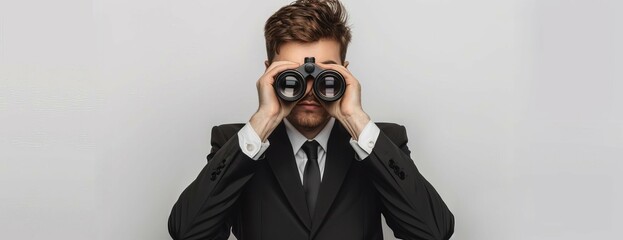 A business professional wearing a suit and tie is looking through binoculars. He is searching for new opportunities.