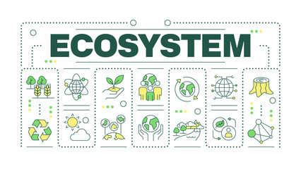 Ecosystem word concept isolated on white. Ecological system of living organisms. Nature protection. Creative illustration banner surrounded by editable line colorful icons. Hubot Sans font used