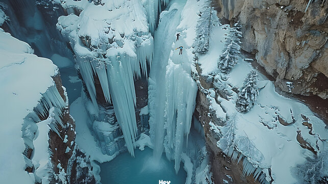 A photo featuring a group of ice climbers scaling a frozen waterfall in the Alps, captured from above. Highlighting the daring ascent and the crystalline ice formations, while surrounded by rugged, sn
