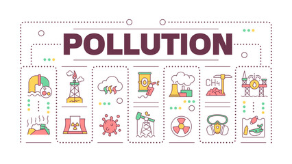 Obraz premium Pollution word concept isolated on white. Air and water contamination. Toxic waste. Carbon emissions. Creative illustration banner surrounded by editable line colorful icons. Hubot Sans font used