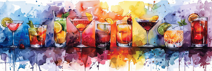 Vibrant Artistic Cocktail Display Illustrating Diverse Delicious Drinks in Colorful Background