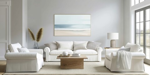 A contemporary living room featuring white furniture, including a sofa and chairs, with a sleek, minimalist decor and a large painting of the ocean, exuding tranquility.