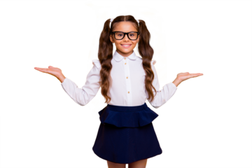 Portrait of cheerful, cute, nice, lovely small girl in skirt look at camera keep invisible product on the palm hands isolated on yellow background with copy space for text