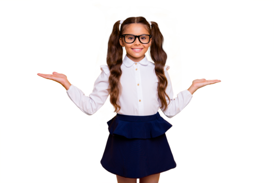 Portrait of cheerful, cute, nice, lovely small girl in skirt look at camera keep invisible product on the palm hands isolated on yellow background with copy space for text