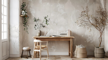 Sunlit dust motes dance around a lone wooden table and chair set in an empty, old-fashioned office room