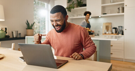 Businessman, celebration and laptop on table for online research, reading result and communication...