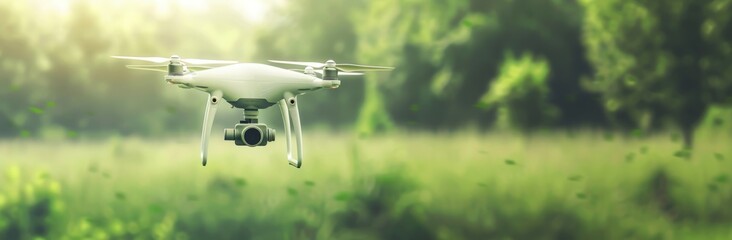 White drone with camera flying in the air over a green blurred background.