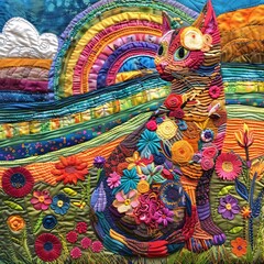 Colorful Quilted Cat with Vibrant Surroundings