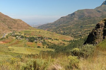 Naklejka premium View of the countryside near Motahane village and the Maloti mountain range. Butha-Buthe district. Kingdom of Lesotho. Africa.