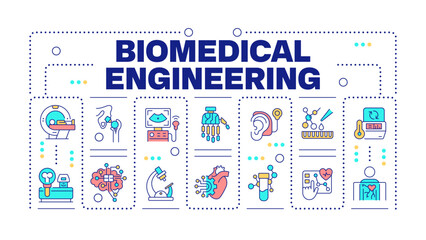 Biomedical engineering word concept isolated on white. Medical technologies. Biotechnology. Creative illustration banner surrounded by editable line colorful icons. Hubot Sans font used