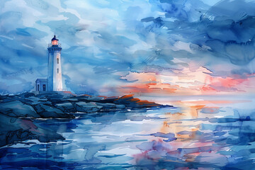 Serene Lighthouse at Sunset Overlooking Calm Ocean Waters in Watercolor Painting