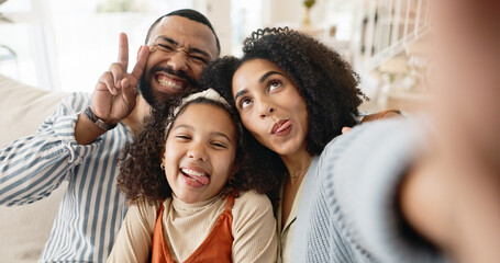Selfie, peace sign and family in home with love for social media post, happy memory together and support. Man, woman and daughter in house with emoji face for funny picture or live streaming