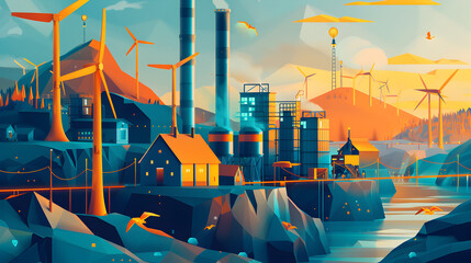 Vibrant illustration of a futuristic industrial plant with a wind turbine, set against mountainous terrain under a colorful sunset