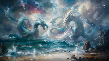 Majestic scene depicting an epic battle between colossal sea dragons and a sorceress on a stormy beach, surrounded by turbulent waves.