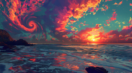 A mesmerizing surreal sunset scene featuring a swirling vortex in the sky, vibrant clouds, and waves crashing on the shore.