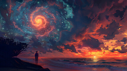 A man stands on a beach, gazing at a surreal vortex in the sky over a vibrant ocean sunset, creating a dreamlike scene.