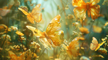 Butterflies made of butter and oil fluttering in a surreal garden. 