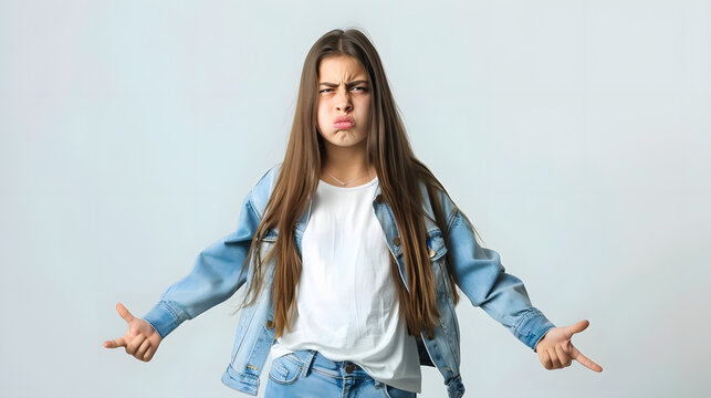 teenage girl showing anger and frustration against white background. generative ai