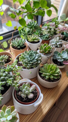 Vibrant Collection of Various Indoor Succulents in Pots by Sunlit Window