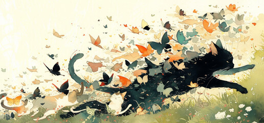 Whimsical Black Cat Leaping Through Colorful Butterflies in a Dreamlike Meadow