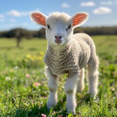 Obraz premium Fluffy Lamb Stands Alone in Pastoral Field