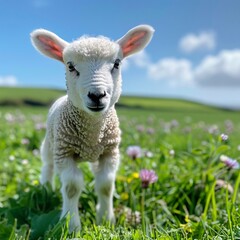 Fototapeta premium A Young Lamb in a Field of Flowers