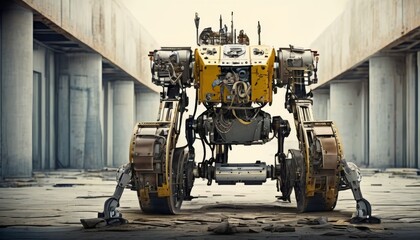 Obraz premium A complex yellow industrial robot stands imposingly in an abandoned warehouse, with intricate mechanical parts and a robust design.. AI Generation