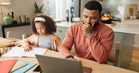 Father, laptop and homework of child in house for multitasking parent at kitchen table, deadline or learning. Man, daughter and online research or remote work with girl education, freelance or career