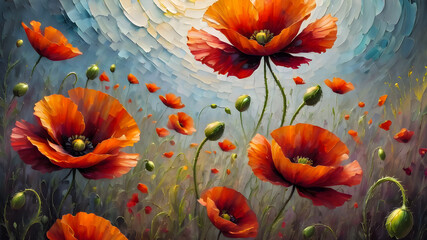 colorful poppy flower on abstract background. bright flowers. oil illustration