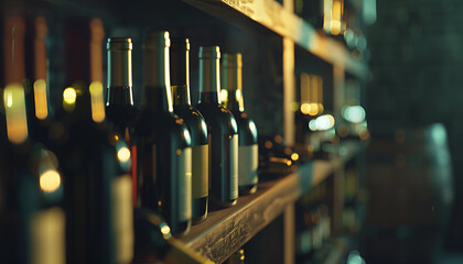 Wine bottles in a dark room. Shelves with bottles of wine. Glass bottles, focus on one bottle
