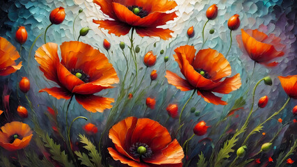 colorful poppy flower on abstract background. bright flowers. oil illustration