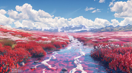 A flowing stream of lava and magma mixed with milk, surrounded by strawberry fields