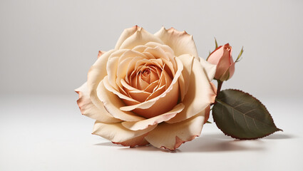 a beige rose in full bloom against a white background. - Powered by Adobe