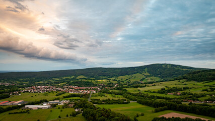 drone panorama, bischofsheim, rhön, franconia, bavaria, kreuzberg, heidestein, rhön-grabfeld, landscape, aerial view