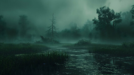 Dark and green landscape embodying elements of psychology and manipulation, strong contrast between green and black, enveloped in a dark, rainy atmosphere that conveys sadness