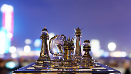 Some Glass Chess pieces on a board with a city backdrop. Suitable for strategy, business, competition concepts in marketing, presentations, or articles.