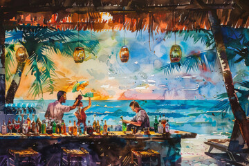 Tropical Beach Bar with Ocean View at Sunset  Vibrant Watercolor Painting of Bartenders and Bar Counter