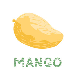Hand drawn whole mango and text isolated on white. Modern textured drawing, color sketch with lettering of grunge style. Vector clipart for exotic fruit illustration, tropical design.