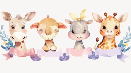 Watercolor Four of cute safari animals head with ribb